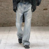 FOESCE Streetwear Washed Boot Cut Blue Jeans for Men Vintage Y2k Baggy Flare Pants Unisex Pantalones Hombre Denim Trousers Oversized