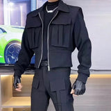 FOESCE Mens Big Pocket Biker Short Jacket 2025 New Genderless Autumn Winter Fashion Workwear Functional Style Solid Color Jacket Unisex