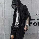 FOESCE Nightclub DJ Hooded Cardigan Punk Rock Hip Hop Long Shirt Black Hooded Cloak Men New Oversize Blouse Gothic Vintage Streetwear