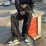 FOESCE Cross Embroidery Y2k Jeans Mens Straight Denim Pants Casual Vintage Jeans Versatile Fashion Streetwear Spring High Street Pants
