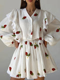 FOESCE Home Suit Women Pajamas Cotton Linen Top Skirt Set Summer Strawberry Pattern Ruffle Long Sleeve Button Blouse Mini Skirt Outfits