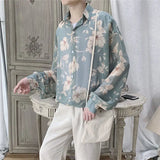 FOESCE Fashion Street 3D Printed Loose Collar men's Long Sleeve Top Simple Design Floral Pattern Shirt  Loose men's Long Sleeve Shirt