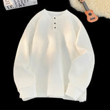 FOESCE Spring 2025 NEW Mens Long Sleeve T Shirts Casual Round Neck Tees Button design White Black Undershirts Loose Fit Tshirts