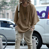FOESCE Long Sleeve O-neck T-shirt Men's Casual Loose Top Thin Solid Color Men's Knitted Street Style Pullover T-shirt Men's Clothing