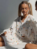 FOESCE Home Suit Women Pajamas Cotton Linen Top Skirt Set Summer Strawberry Pattern Ruffle Long Sleeve Button Blouse Mini Skirt Outfits