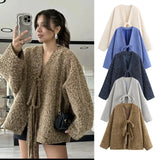 FOESCE Luxury Women Autumn Winter Tweed Jacket Urban Coat V-neck Lace-up New Loose Casual Solid Jacket Design Outerwear Lady's Tops New