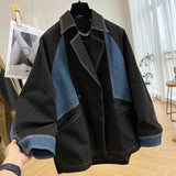FOESCE Heavyweight Denim Patchwork Jacket Casual Work Attire Women's 2025 Spring Autumn Thin Mid Length Trench Coat Design Sense Niche
