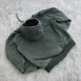 FOESCE Windproof and wrinkle resistant jacket, linen green men zipper hooded sweatshirt, American retro hip-hop goth Y2K outdoor sports