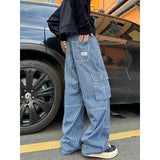 FOESCE Spring New Men Cargo Jeans Baggy  American High Street Multi-pocket Youth Overalls Fashion Streetwear Vintage Wide Leg Pants