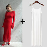 FOESCE Spring Autumn O-Neck Elastic Knit Long Dresses Women 2025 Elegant Chic Soft Lady Hollowing Sweater Dresses Femme New