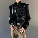 FOESCE Mens Y2k Glossy Shoulder Pad Jacket 2025 New Genderless Fashion Personality Metal Functional Style Solid Color Jacket Unisex