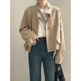 FOESCE FSMG Women's Casual Jacket,Autumn Korean Style Stand Collar, Comfortable Loose Fit Solid Color, Short Jacket with Drawstring Hem