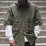 FOESCE Maden Vintage Urban Outdoor Short Sleeve Shirts for Men Green Loose Multi-pocket Blouses T-shirt Summer Male Casual Shirts