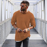 FOESCE Fashion Mens Tops Long Sleeved Round Necked Sweaters Autumn and Winter Solid Color Casual Mens Sweaters