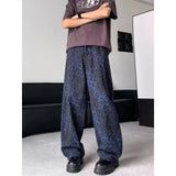 FOESCE American  handsome blue leopard print jeans for men denim men's design sense American hiphop high street pants Vibe trendy