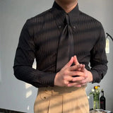 FOESCE Business Square Collar Stripe Retro 2025 Autumn Men's Splicing Button Fashion Slimming Style Versatile Casual Long Sleeve Shirts