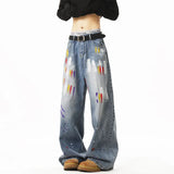 FOESCE Graffiti jeans unisex American Style Loose-fit Men's Jeans New Arrival High Street Casual Straight-leg Wide Leg Long Pants