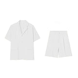 FOESCE Men  Casual Suit Trendy New Neutral Solid Blazer Collar Shirts LGBT Design Short-sleeved Blouse Shorts Two-piece Set