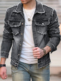 FOESCE 1Pc Men's Four Seasons Destroyed Stone Washed Light Jacket Daily American Street Casual Denim Jacket (No Hood/No Accessories)