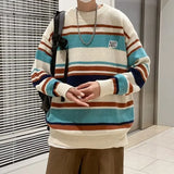 FOESCE Literature and Art Men's Loose Stripe Round Neck Knitwear Men's Autumn Oversize Lazy Sweater men coat winter clothes sweter