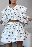 FOESCE Home Suit Women Pajamas Cotton Linen Top Skirt Set Summer Strawberry Pattern Ruffle Long Sleeve Button Blouse Mini Skirt Outfits