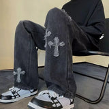 FOESCE Cross Embroidery Y2k Jeans Mens Straight Denim Pants Casual Vintage Jeans Versatile Fashion Streetwear Spring High Street Pants