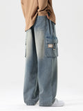 FOESCE 2025 Autumn New Men's Cargo Jeans Big Size 8XL 7XL 6XL String Banding Cotton Wide Leg Denim Pants Straight Baggy Jean Trousers