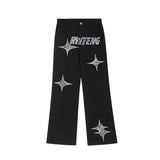 FOESCE Fashionable American street letter embroidery straight tube loose denim pants for men and women high street trendy casual pants