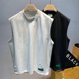 FOESCE Summer Ripped Hole O Neck Men Tank Top Fashion Personality Casual 2xl Oversized T Shirt Clothing Sports Daily Street Black White