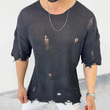 FOESCE 2025 Summer New Men's Solid Color Sweater Round Neck Short Sleeve Hollow-out Pullover Sweater Top Shirts