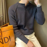 FOESCE Korean 2025 Autumn Winter Men's New Spliced Pullover O-Neck Button Screw Thread Fashion Solid Casual Knitted Long Sleeved Tops