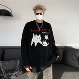 FOESCE 2025 American Sweater Men's Autumn/Winter Cat Cartoon Pattern Round Neck Knitwear New Unisex Versatile Coat winter clothes men