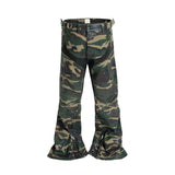 FOESCE Camouflage Coated Micro Flared Motorcycle Pants for Men Patchwork Baggy Jeans Ankle Zipper Boot Cut Oversized Denim Cargos
