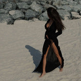 FOESCE Irregular Ruffles Dress Women's Chic V Neck Long Sleeve Lace Up Beach Dress Summer 2025 Fashion Lady Vacation Cover Up