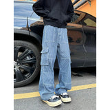 FOESCE Spring New Men Cargo Jeans Baggy  American High Street Multi-pocket Youth Overalls Fashion Streetwear Vintage Wide Leg Pants
