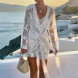 FOESCE Long Sleeve Fashion Patchwork Mini Dress, Spring Summer Women V Neck Chic Party Dress, 2025 New Beach Style Lace-Up Ladies Dress