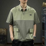 FOESCE Summer Men's Patchwork Half Zip Short Sleeve Polo T Shirt Casual Lapel Pocket Cargo Golf Wear High Street Fashion Polos Hombre