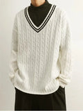 Dark Icon Color Contrast V-neck Pullover Men's Sweater Autumn Korean Style Knitwear Sweater for Men White
