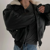 FOESCE Lambswool Pu Leather Short Cotton Coat Mens Winter Fashion Lapel Warm Cotton Coat Korean Style Trendy High-End Leather Jacket