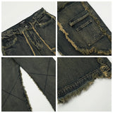 FOESCE Mens Streetwear Y2k Heavy Craft Washed Flared Jeans Hip Hop Distressed Denim Pants Women Slim Straight Tassel Jeans Raw Edge