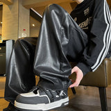 FOESCE Autumn Winter Men's PU Leather Motorcycle Pants Coffee/Black Men Wide-leg Mopping Trousers All-match Windproof Plus Size 8XL-M
