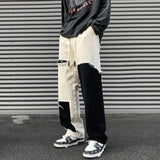 FOESCE Spring Autumn New Contrast Color Elastic Waist Fashion Straight Pants Man High Street Loose Cotton Pocket Drawstring Trousers
