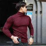 FOESCE New Men's Turtleneck Sweaters Autumn Knitted Striped Streetwear Warm Long Sleeved Pullover Solid Color Basic Style Casual Tops