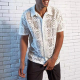 FOESCE Mens Mesh Hollow Perspective Lace Shirt 2025 Summer Sexy Breathable Casual Beach Vacation Personality Short-Sleeve Mens Tops