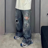 Frayed Damaged Hole Baggy Wide Leg Jeans for Men and Women Streetwear Casual  Denim Trousers Oversized Cargo Pants