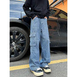 FOESCE Spring New Men Cargo Jeans Baggy  American High Street Multi-pocket Youth Overalls Fashion Streetwear Vintage Wide Leg Pants