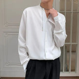 FOESCE Men Streetwear Vintage Fashion V-Neck Casual Loose Long Sleeve Shirt Male Japan Korean Solid Color Shirts Tops Man