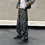 FOESCE New trendy loose straight tube nostalgic black chalcedony leather pants