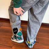 New Men's Y2K Flower Printed Baggy Jeans Streetwear American Casual Denim Wide-leg Pants Hombre Vintage Straight Trousers