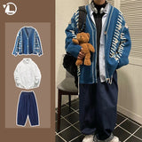 FOESCE Loose Knitted Sweater Set Men Women Vintage Patchwork Sweater Cardigan +High Street Wide Legs Loose Lantern Jeans Two-piece Sets